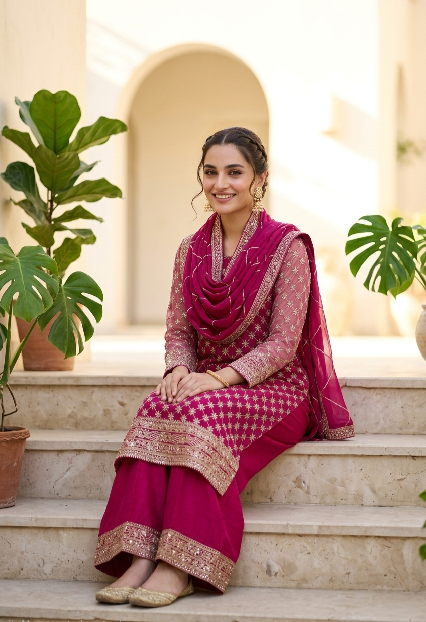 Hot Pink Chiffon 3PC Suit