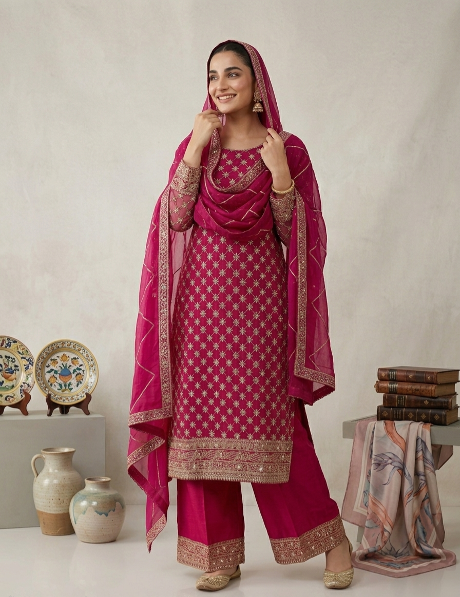 Hot Pink Chiffon 3PC Suit