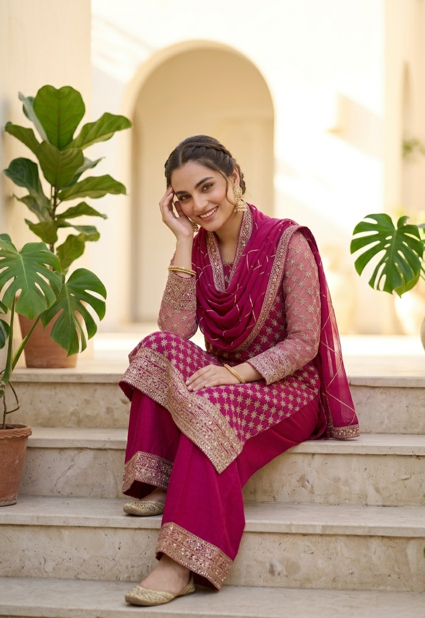 Hot Pink Chiffon 3PC Suit