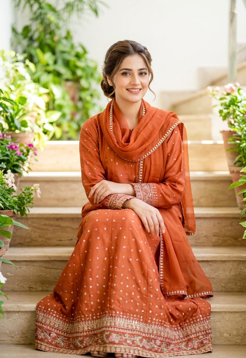 Rust Orange Silk Pishwas Set