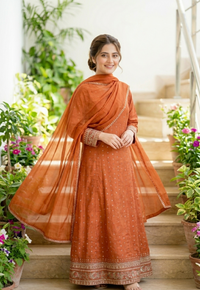 Rust Orange Silk Pishwas Set