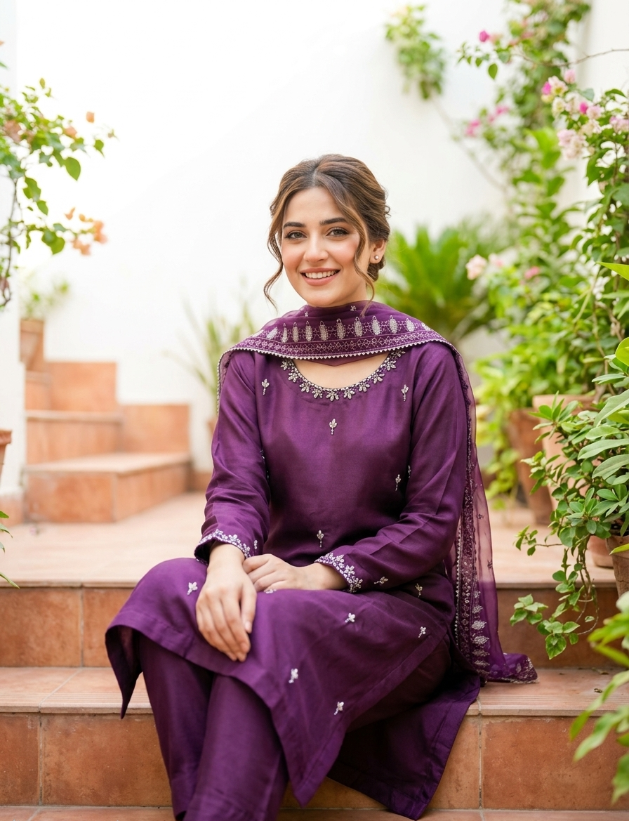 Plum Floral Printed Frock Set