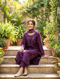 Plum Floral Printed Frock Set