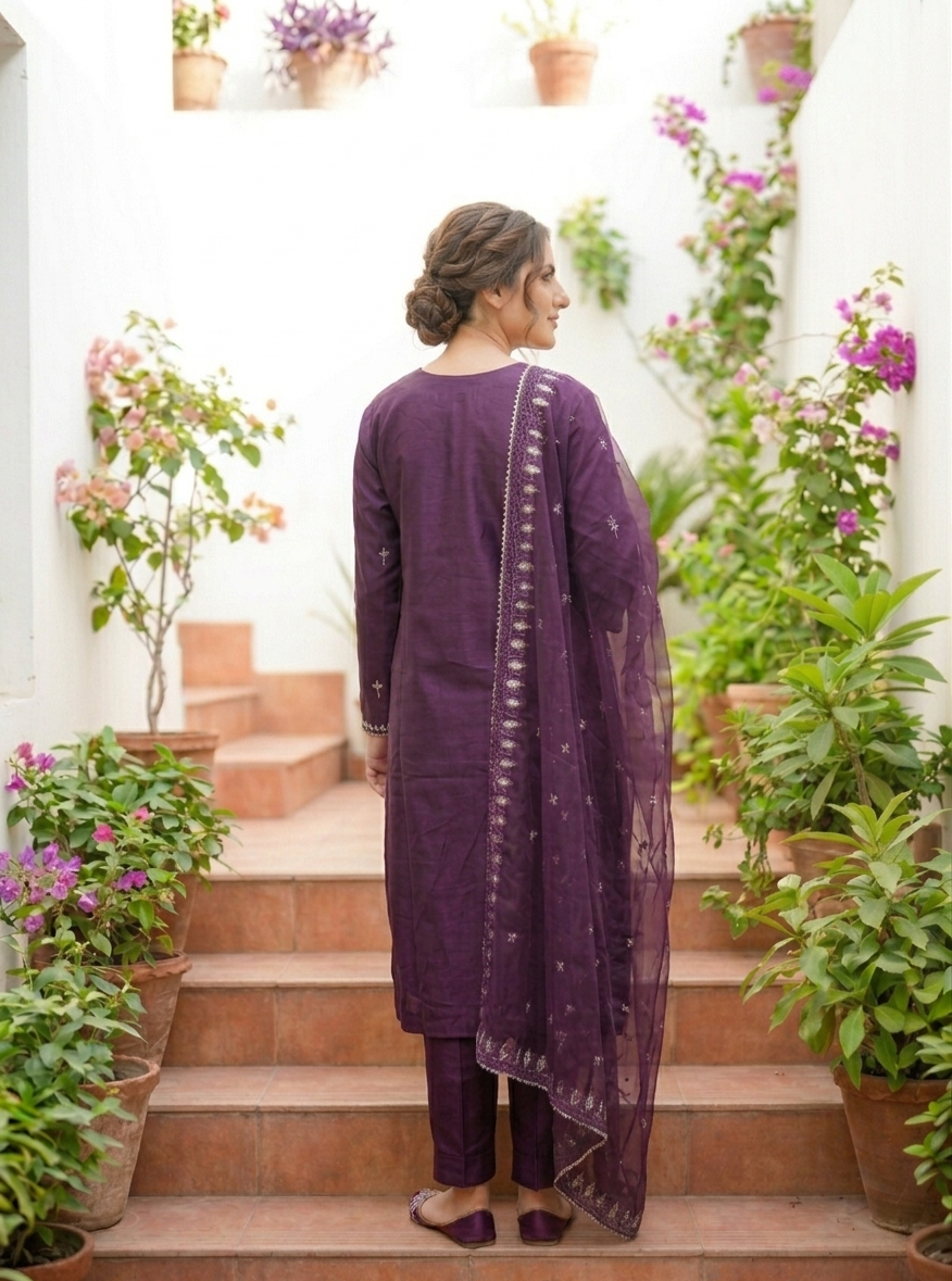 Plum Floral Printed Frock Set