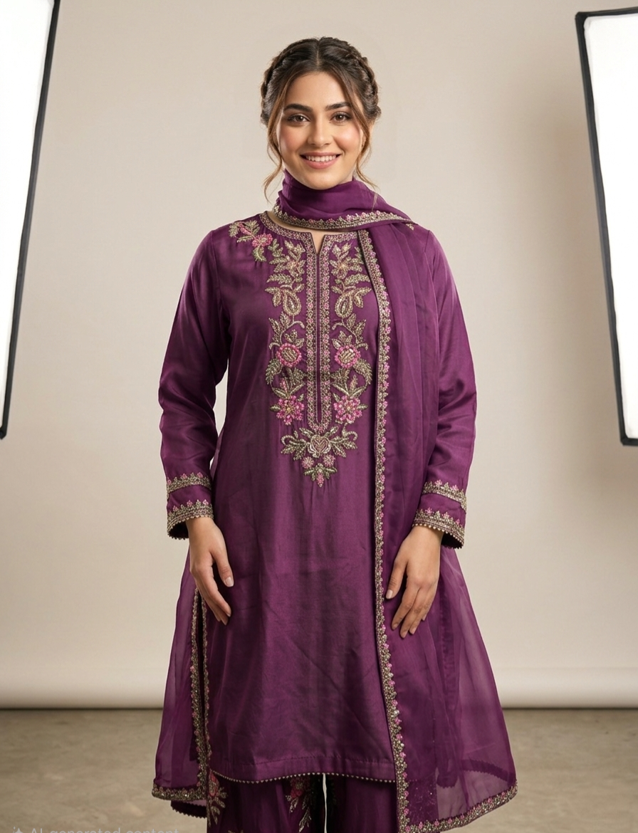 Festive Plum Silk Plazzo Suit