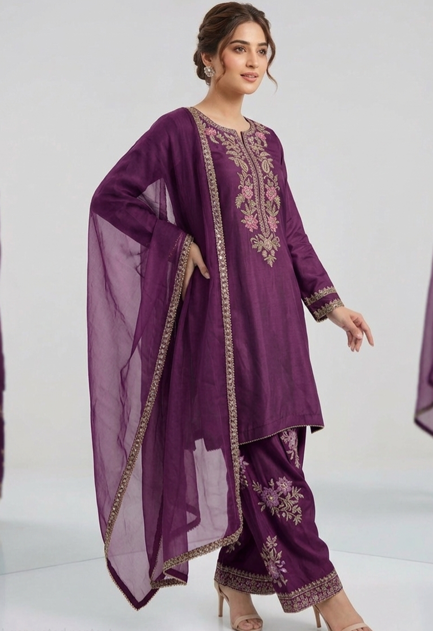 Festive Plum Silk Plazzo Suit